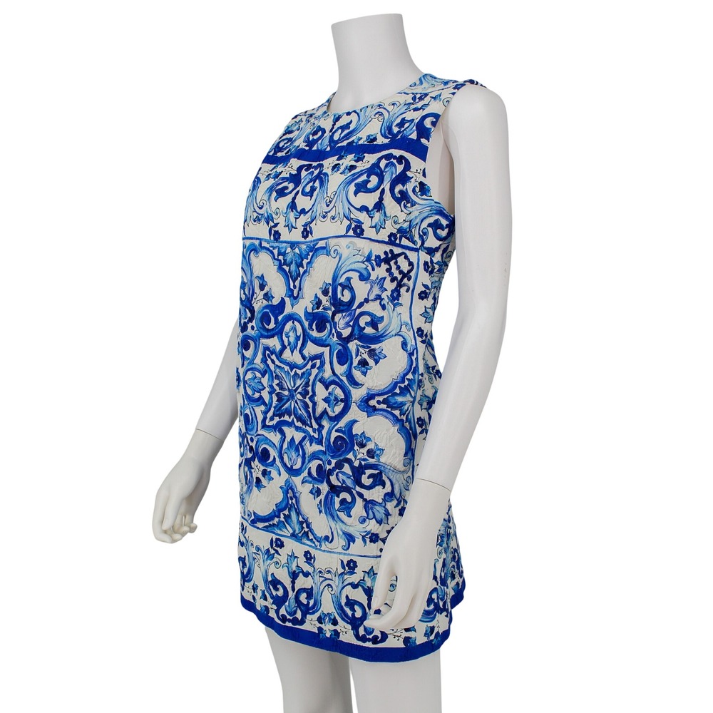 Dolce & Gabbana Blue White Majolica Tile Brocade Shift Mini Dress IT 46 US 10 - Picture 4 of 8